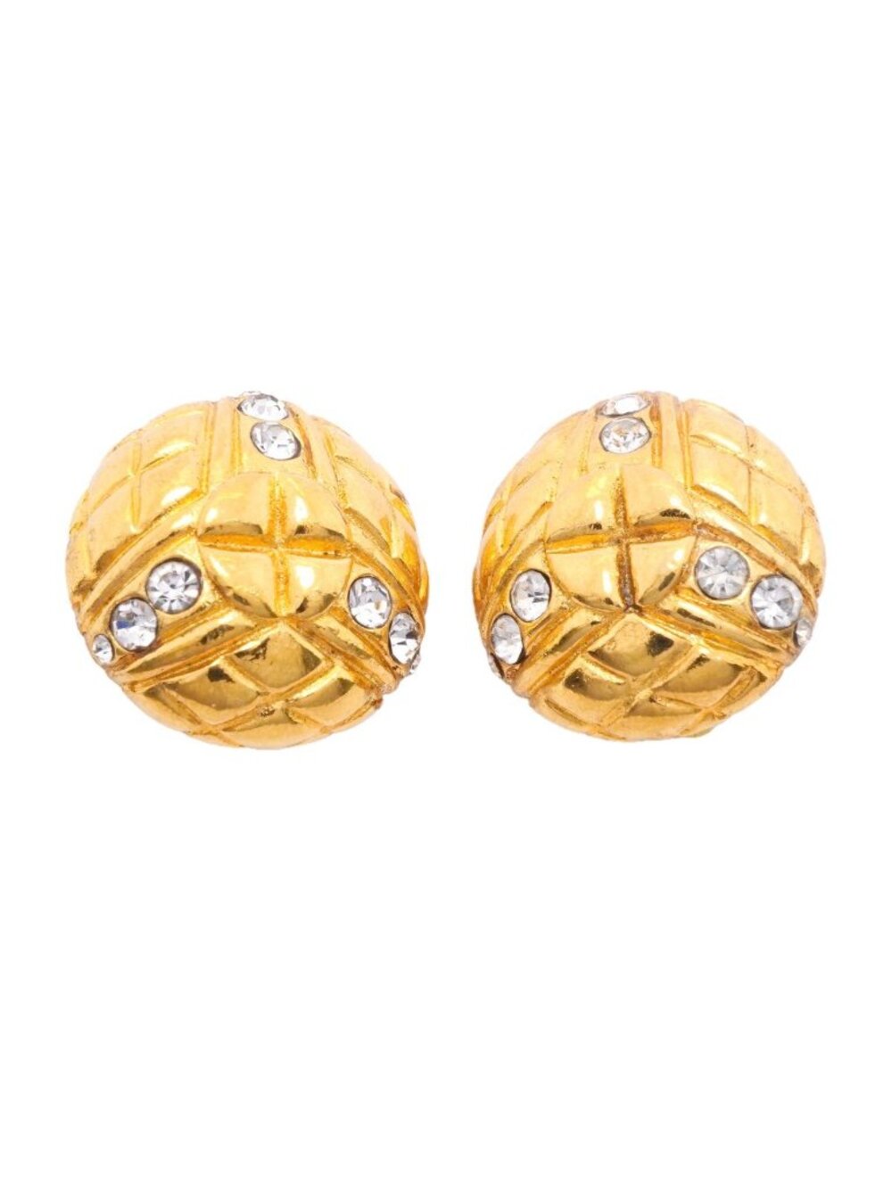 Chanel Earrings Vintage Quilted Round Circle Gold Plated Rhinestone